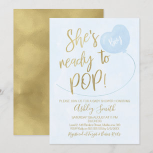 Blue Gold Ready to Pop Baby shower Invitation Kaart