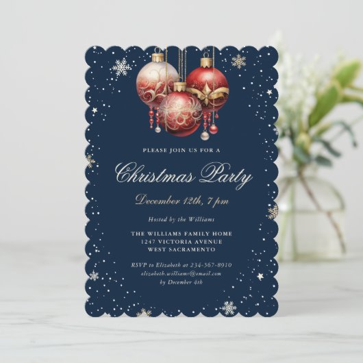 Blue Gold Red Ornaments Christmas Party Kaart (Staand voorkant)