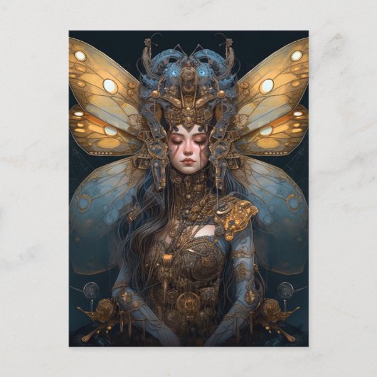 Blue Gold Robot Techno Fairy Fantasy Art Briefkaart (Voorkant)