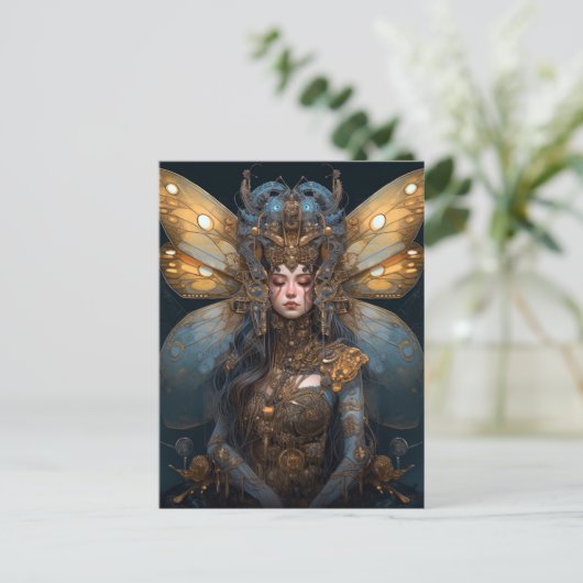 Blue Gold Robot Techno Fairy Fantasy Art Briefkaart (Staand voorkant)