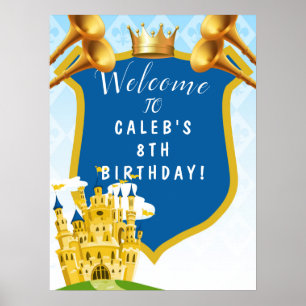 Blue Gold Royal Prince Castle Birthday Party Sign Poster