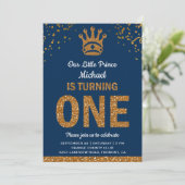 Blue Gold Royal Prince First Birthday Invitation Kaart (Staand voorkant)