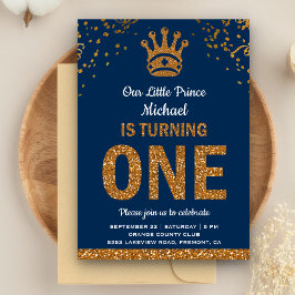 Blue Gold Royal Prince First Birthday Invitation Kaart
