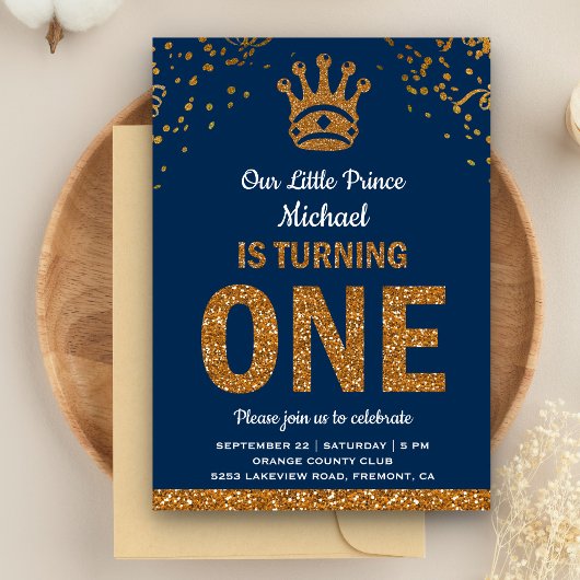 Blue Gold Royal Prince First Birthday Invitation Kaart