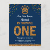 Blue Gold Royal Prince First Birthday Uitnodiging Briefkaart (Voorkant)