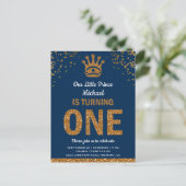Blue Gold Royal Prince First Birthday Uitnodiging Briefkaart (Staand voorkant)