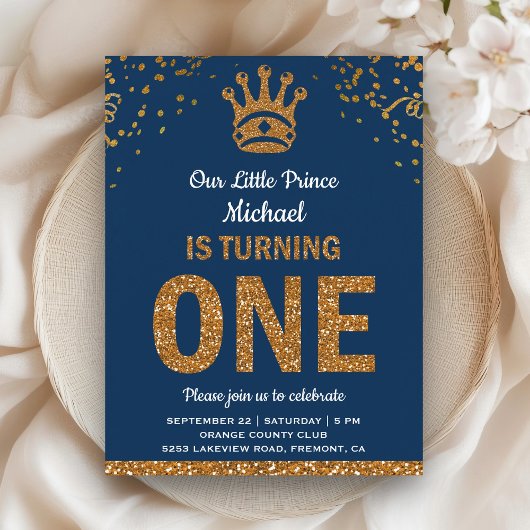 Blue Gold Royal Prince First Birthday Uitnodiging Briefkaart