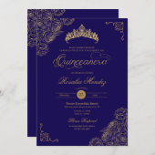 Blue & Gold Rozen Elegant Quinceañera Kaart (Voorkant / Achterkant)