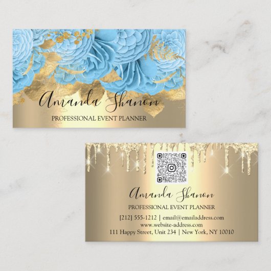 Blue Gold Rozen Flower Logo Event Planner QRCode Visitekaartje (Voorkant / Achterkant)