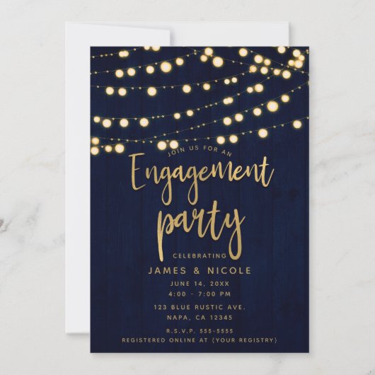 Blue Gold Rustic Wood & Lights Engagement Party Kaart (Voorkant)
