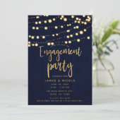 Blue Gold Rustic Wood & Lights Engagement Party Kaart (Staand voorkant)