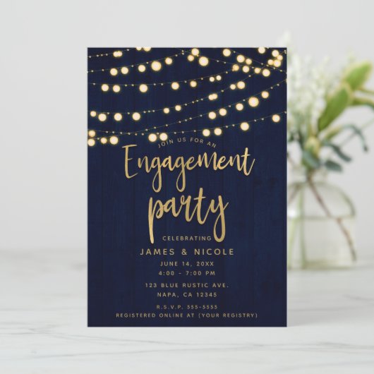 Blue Gold Rustic Wood & Lights Engagement Party Kaart (Staand voorkant)