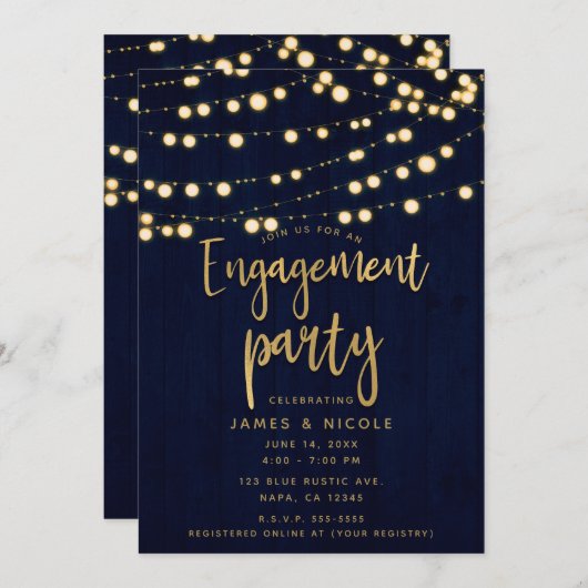 Blue Gold Rustic Wood & Lights Engagement Party Kaart (Voorkant / Achterkant)