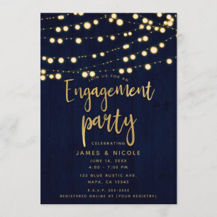 Blue Gold Rustic Wood & Lights Engagement Party Kaart