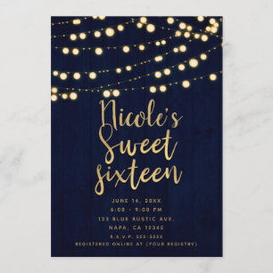 Blue Gold Rustic Wood & Lights Sweet 16 Kaart