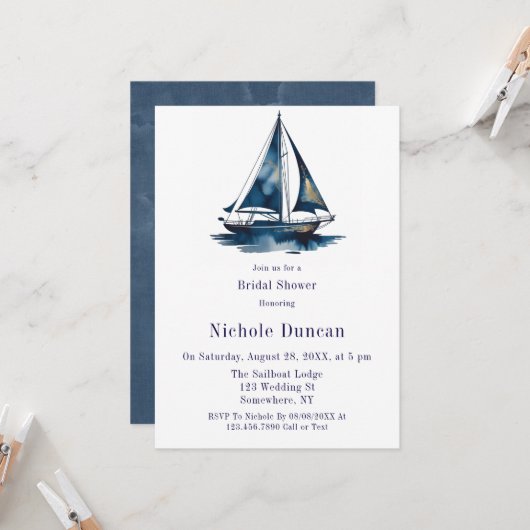 Blue & Gold Sailboat Nautical Bridal Shower Kaart (Voorkant / Achterkant in situ)
