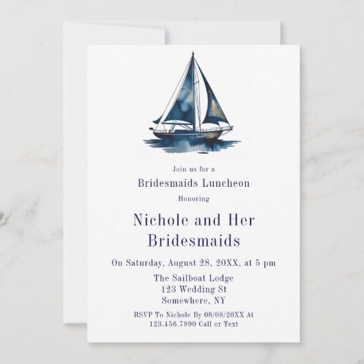 Blue & Gold Sailboat Nautical Bridesmaids Luncheon Kaart (Voorkant)
