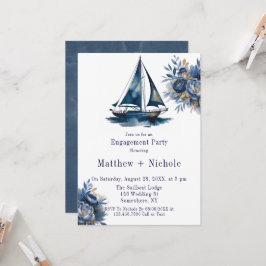 Blue & Gold Sailboat Nautical Engagement Party Kaart