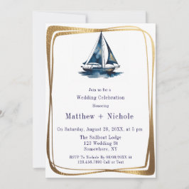 Blue & Gold Sailboat Nautical Wedding Celebration  Kaart