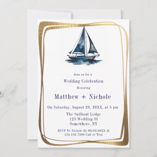 Blue & Gold Sailboat Nautical Wedding Celebration  Kaart (Voorkant)