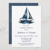 Blue & Gold Sailboat Nautical Wedding Celebration Kaart (Voorkant / Achterkant)