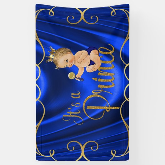 Blue Gold Satin Swirl Prince Baby shower Spandoek (Verticaal)