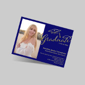 Blue Gold Script Photo Graduation Party Invite Kaart