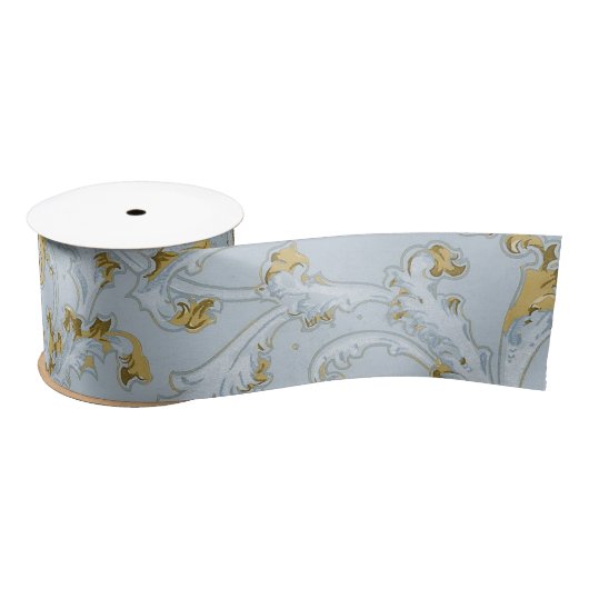 Blue Gold Scroll Swirl  Pattern Elegant Satijnen Lint (Spoel)