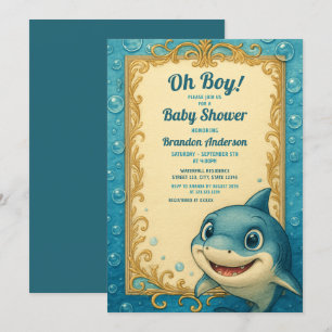 Blue & Gold Shark Boy Baby shower Kaart
