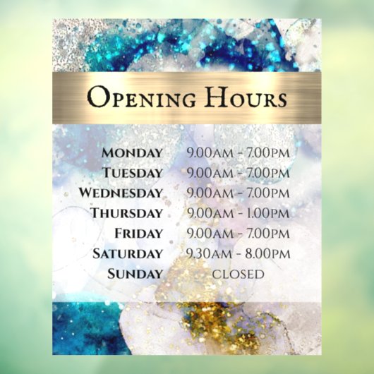 Blue Gold Silver Glitter Waterverf Openingstijden Raamsticker (Vel 3)