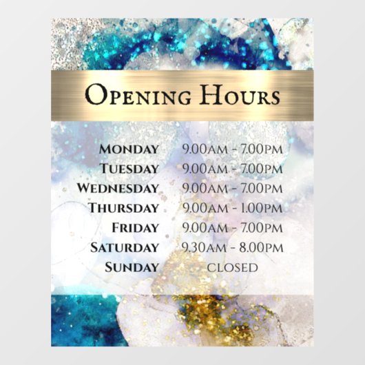 Blue Gold Silver Glitter Waterverf Openingstijden Raamsticker (Vel)