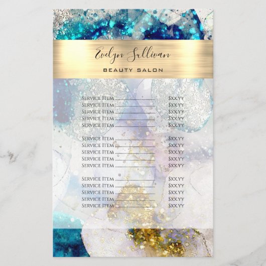 Blue Gold Silver Glitter Waterverf prijslijst Flyer (Voorkant)