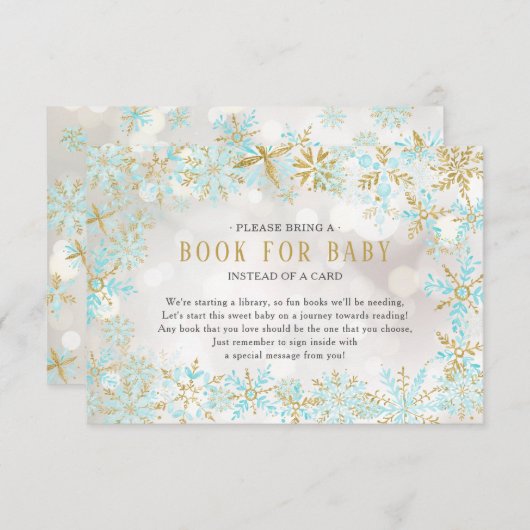 Blue Gold Snowflake Baby shower Book for Baby Card Informatiekaartje (Voorkant / Achterkant)