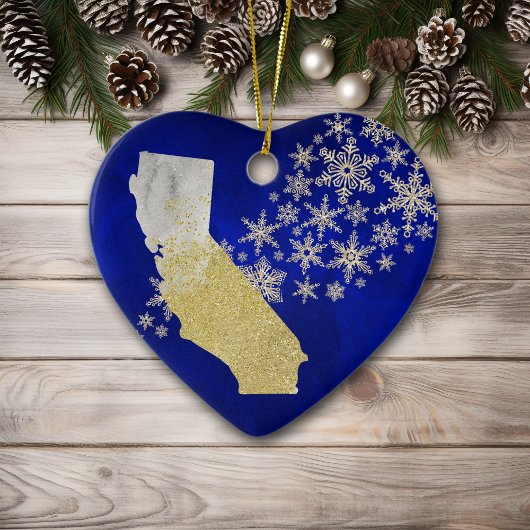 Blue Gold Snowflake California Heart Keramisch Ornament
