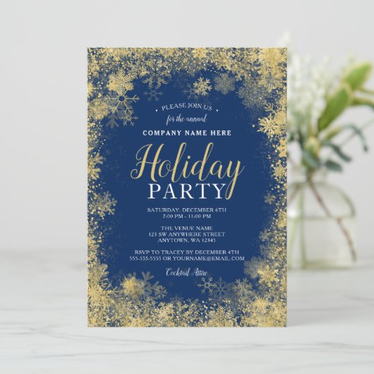 Blue Gold Snowflake Corporate Holiday Party Kaart (Staand voorkant)