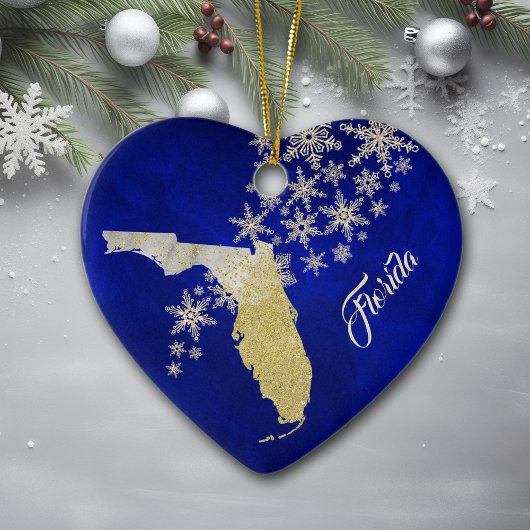 Blue Gold Snowflake Florida Heart Keramisch Ornament