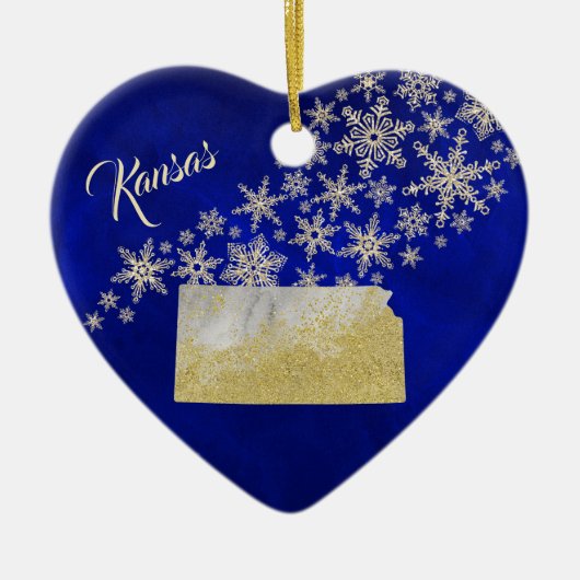 Blue Gold Snowflake Kansas Heart Keramisch Ornament (Voorkant)