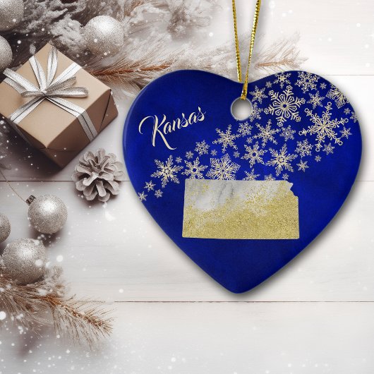 Blue Gold Snowflake Kansas Heart Keramisch Ornament