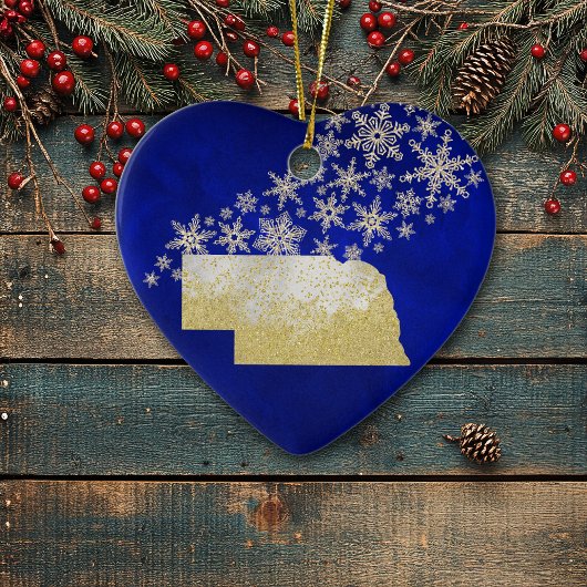 Blue Gold Snowflake Nebraska Heart Keramisch Ornament