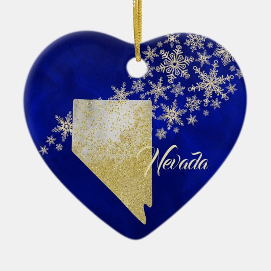 Blue Gold Snowflake Nevada Heart Keramisch Ornament (Voorkant)
