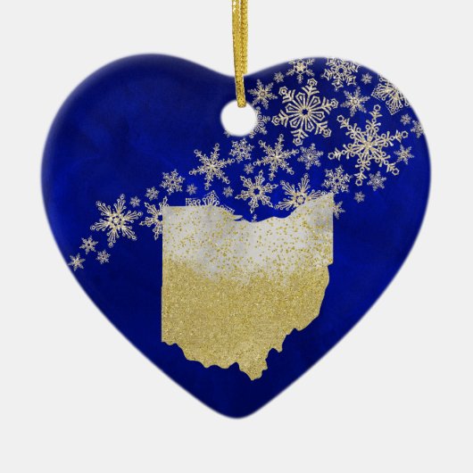 Blue Gold Snowflake Ohio Heart Keramisch Ornament (Voorkant)