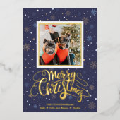 Blue Gold Snowflakes Merry Kerstry Folie Feestdagenkaart (Voorkant)