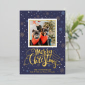 Blue Gold Snowflakes Merry Kerstry Folie Feestdagenkaart (Staand Voorkant)