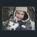 Blue & Gold Snowy Love & Light Hanukkah Photo Card Feestdagenkaart<br><div class="desc">Stylish and cute Hanukkah Holiday Photo Card is perfect for all your friends and family this holiday season. Features blue watercolor paint strokes on the back with gold stars and snowflakes on the back. The front has gold snowflakes and gold "Love and Light." Customize the text with your family name...</div>