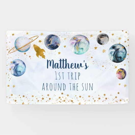 Blue Gold Space Birthday-banner Spandoek (Horizontaal)