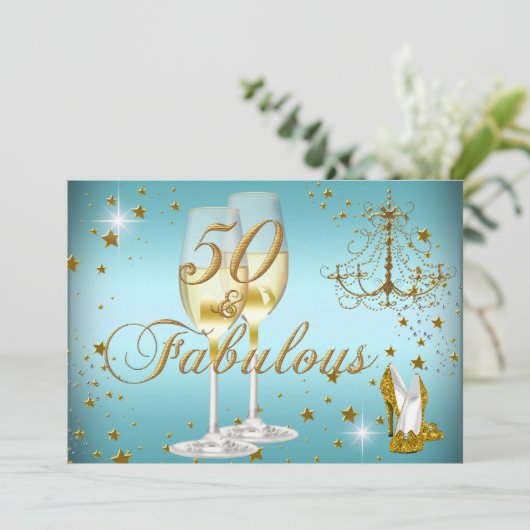 Blue Gold Sparkle 50 & Fabulous Birthday Invite Kaart (Staand voorkant)
