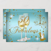 Blue Gold Sparkle 50 & Fabulous Birthday Invite Kaart (Voorkant / Achterkant)