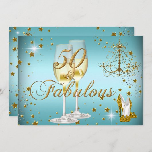 Blue Gold Sparkle 50 & Fabulous Birthday Invite Kaart (Voorkant / Achterkant)