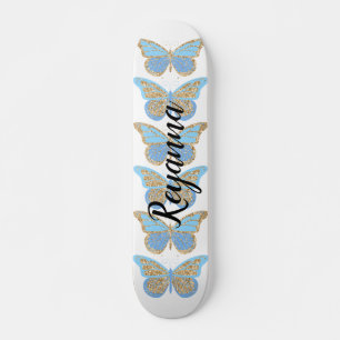 Blue Gold Sparkle Butterflies, speciaal gepersonal Persoonlijk Skateboard