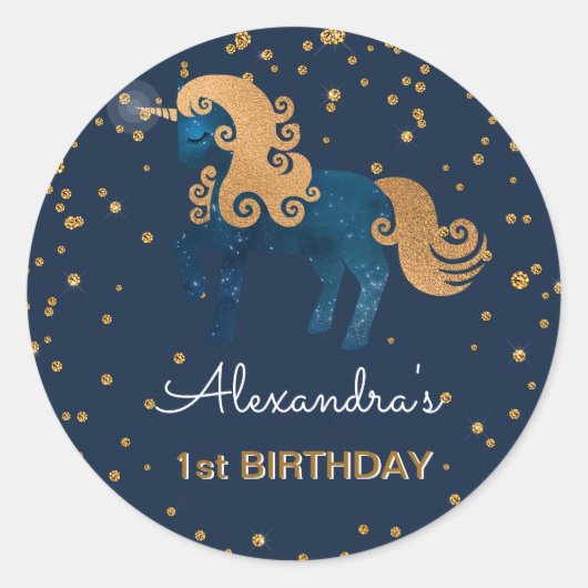 Blue & Gold Sparkle Confetti Eenhoorn 1e verjaarda Ronde Sticker (Voorkant)
